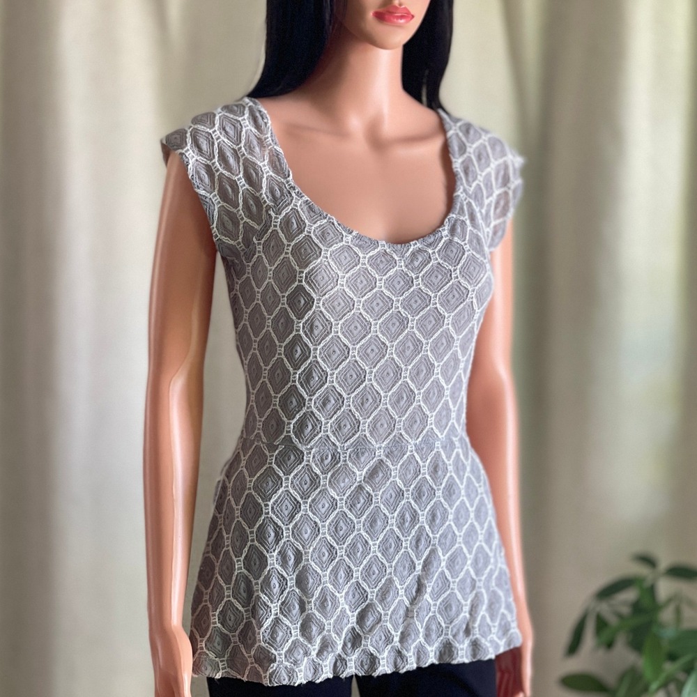 Deletta Anthropologie Grey Lace Peplum Top Criss Cross Cutout Back Cottagecore S